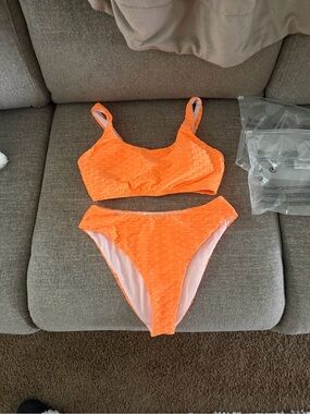 Neon Orange Textured Bikini Set - Women's Swim